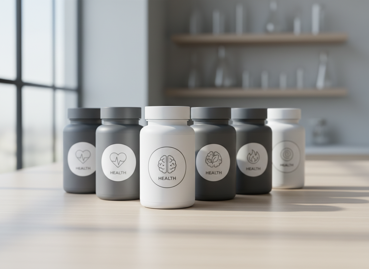 A neatly arranged selection of modern supplement bottles in matte white and soft charcoal gray, each with clean, minimal labels showing icons for heart, brain, and metabolism health. The containers sit on a smooth light-ash wooden surface with a subtle grain, in front of a softly blurred background of neutral-toned shelves and glass labware. Cool daylight from a large unseen window to the left creates gentle, natural highlights on the bottle edges and faint shadows on the table. Shot at eye level with a shallow depth of field, the central bottle is in crisp focus while the others fade into a soft bokeh. The photographic realism feels professional, clinical yet approachable, ideal for a health-focused brand homepage.