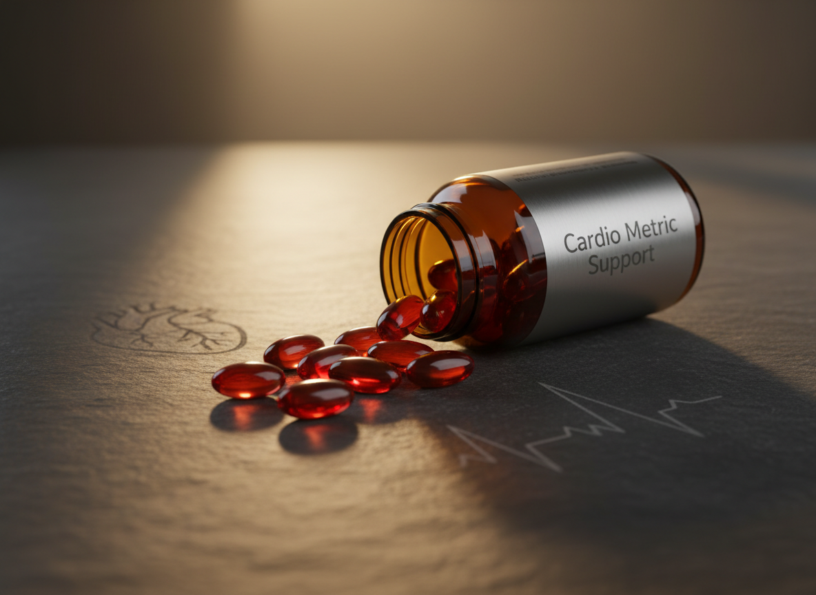 An amber glass supplement bottle with a brushed metal cap labeled “Cardio Metric Support” lying on its side on a dark slate surface, a small spill of glossy, deep-red softgels arranged in a subtle arc before it. Etched into the slate in a faint, out-of-focus manner are minimalist icons of a heart, arteries, and a heartbeat line. A narrow beam of warm, focused studio light from the upper left grazes across the softgels, making them glow slightly while casting sharp, dramatic shadows that fade into a softly lit background. Shot from a low, close angle with a shallow depth of field, the mood is serious, sophisticated, and data-driven, ideal for a niche cardiovascular health product page.