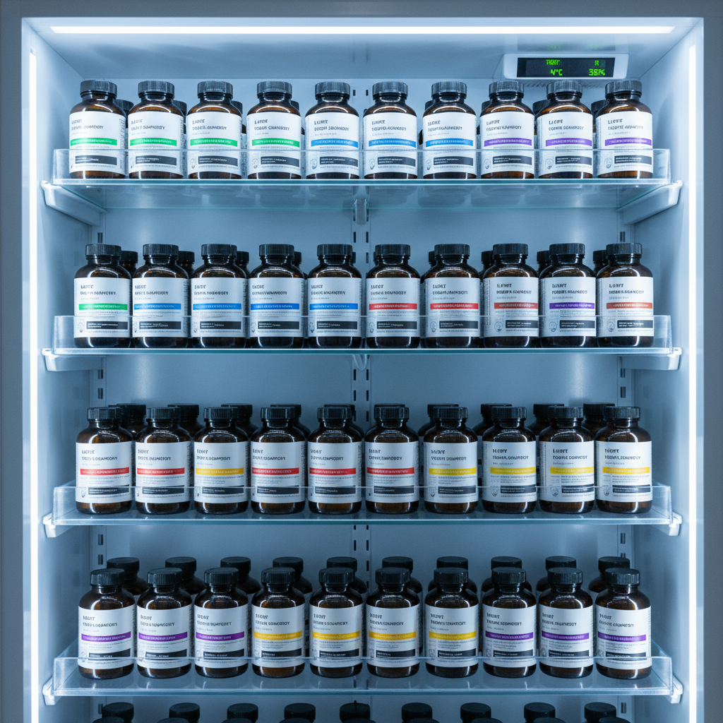 A refrigerated glass-front cabinet interior filled with neatly aligned supplement bottles organized by biomarker category: liver, glucose, inflammation, lipids, and hormones, each row color-coded with subtle banding on the labels. The frosted interior glass shelves have a faint blue tint, and a cool white LED strip illuminates from above, creating crisp highlights and soft reflections on the bottle shoulders. Tiny, barely visible temperature and humidity indicators sit in a corner, reinforcing a clinical, controlled environment. Shot straight-on at eye level with sharp focus from front to back, the photographic realism and cool-toned palette create a precise, trustworthy, almost pharmacy-grade atmosphere, perfect for showcasing premium, lab-focused supplements.
