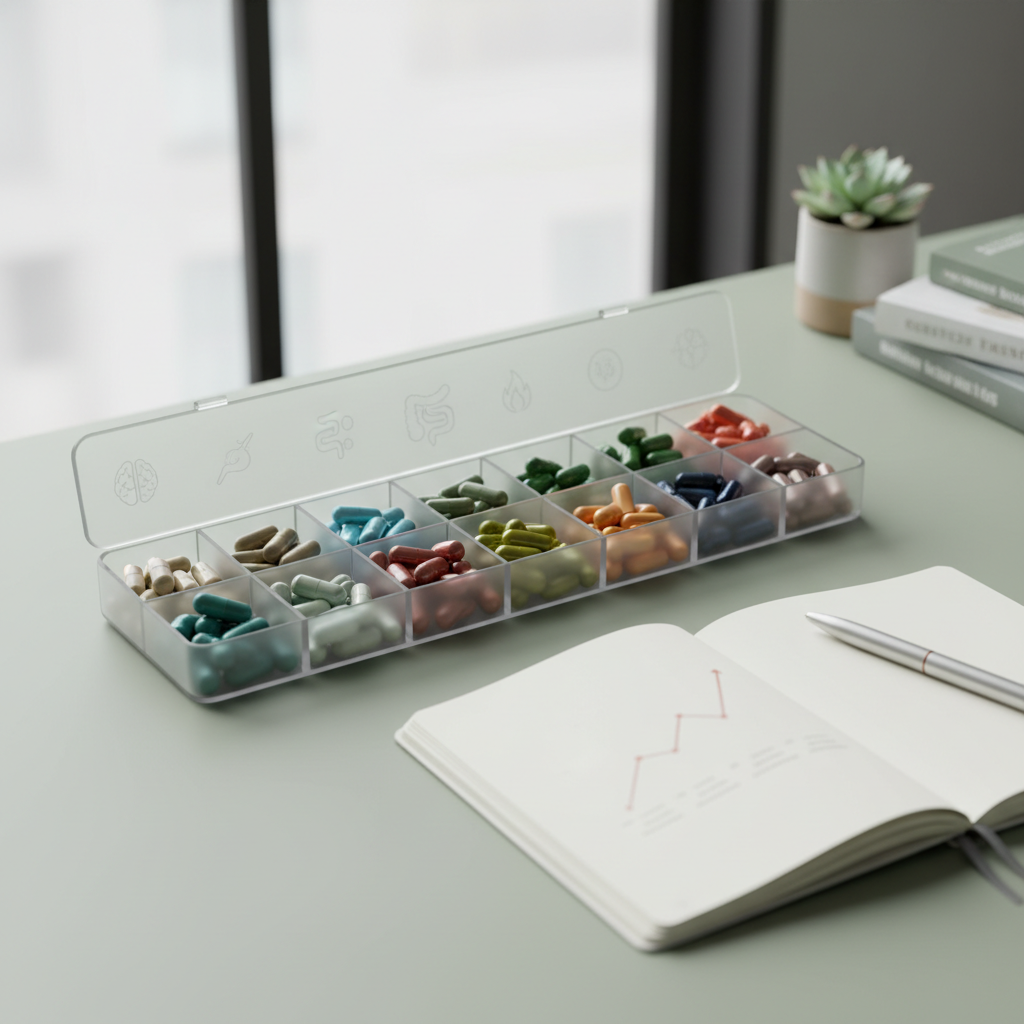 A meticulously organized weekly supplement tray made of frosted, semi-transparent acrylic, each compartment embossed with subtle icons for different goals such as brain, gut, and metabolic health instead of days of the week. The tray rests on a pale eucalyptus-green desk surface beside a sleek, minimalist notebook showing a blurred graph of improving blood markers. Indirect midday natural light from a nearby window creates a soft, even illumination with delicate, almost shadowless contours. Captured from a slightly elevated three-quarter angle, every compartment’s contents are visible and sharply rendered, while the background gently falls out of focus. The photographic style is clean, calm, and professional, emphasizing consistency, personalization, and long-term health tracking.