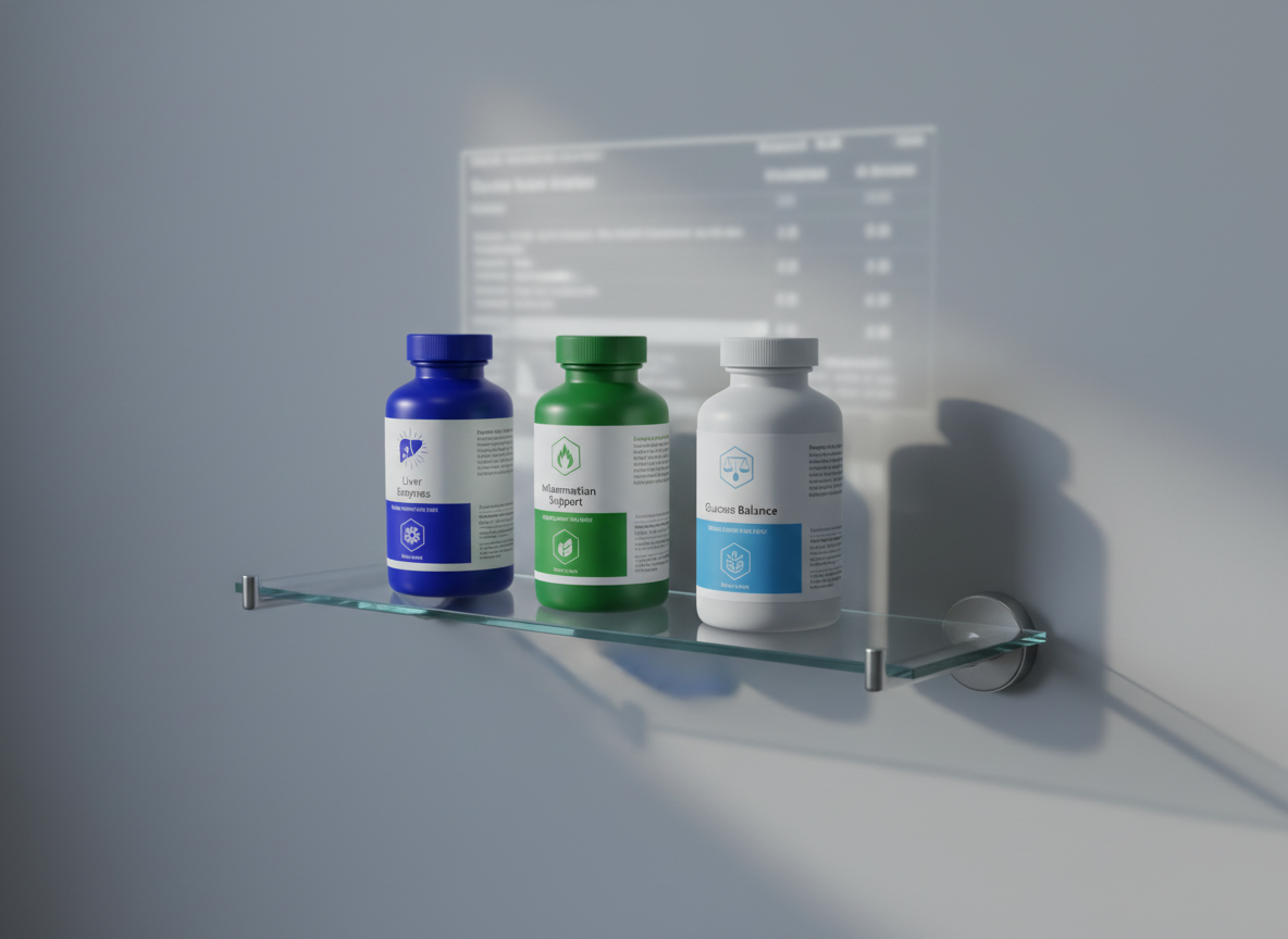 A narrow glass shelf mounted against a smooth, cool-gray wall, holding a linear arrangement of supplements tailored to different blood metrics: a cobalt-blue bottle labeled “Liver Enzymes,” a forest-green “Inflammation Support,” and a soft-white “Glucose Balance.” Each bottle has a distinctive, clean icon and subtle color accents that match its cap. Behind them, a faint, semi-transparent overlay of a stylized blood panel chart is projected onto the wall, softly blurred to avoid text clarity but adding scientific context. Side lighting from the right creates refined reflections on the glass shelf and a gentle gradient on the wall. The image is shot at a slightly elevated angle with moderate depth of field, creating a precise, clinical yet modern photographic aesthetic.